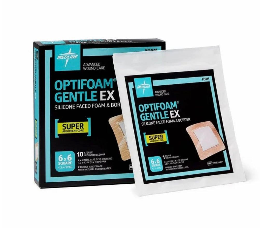 Optifoam Gentle EX silicone-faced bordered foam dressing, 6x6 inches, 10-count package for wound care by Beauty and Wound.