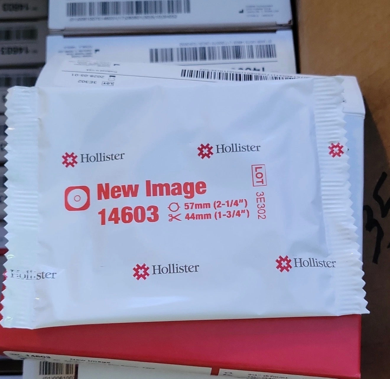 Hollister New Image Flexend 14603 cut-to-fit flat ostomy wafer tape, beige and flexible, designed for secure ostomy pouch attachment.