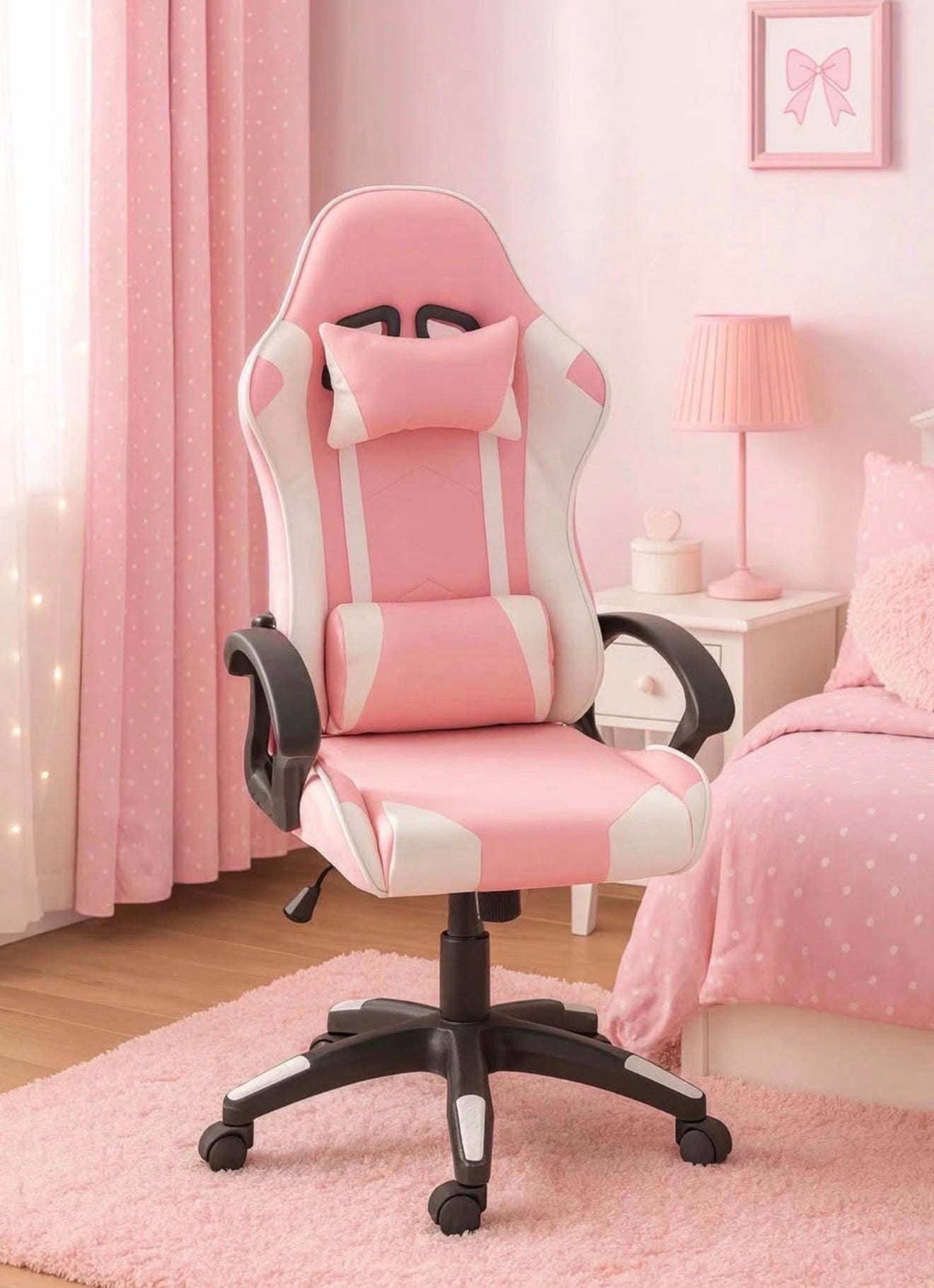 Pink and white Beauty and Wound gaming chair with ergonomic design, padded armrests, and adjustable height for comfortable gaming sessions.