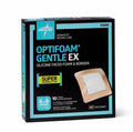 Optifoam Gentle EX silicone-faced bordered foam dressing on a sterile surface, 6x6 inches, pack of 10, by Beauty and Wound.