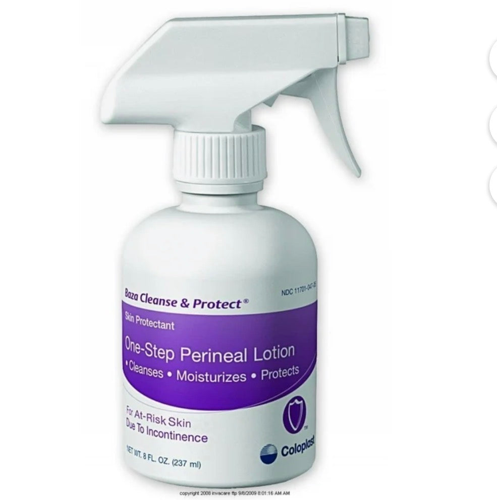Coloplast Baza Cleanse and Protect All-in-One Perineal Lotion spray bottle, 8oz, for gentle skin protection and cleansing.