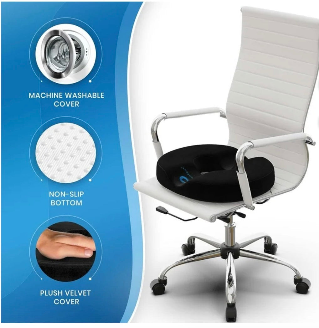 Everlasting Comfort donut seat cushion by Beauty and Wound, ergonomic tailbone and sitting support for office chairs and cars.