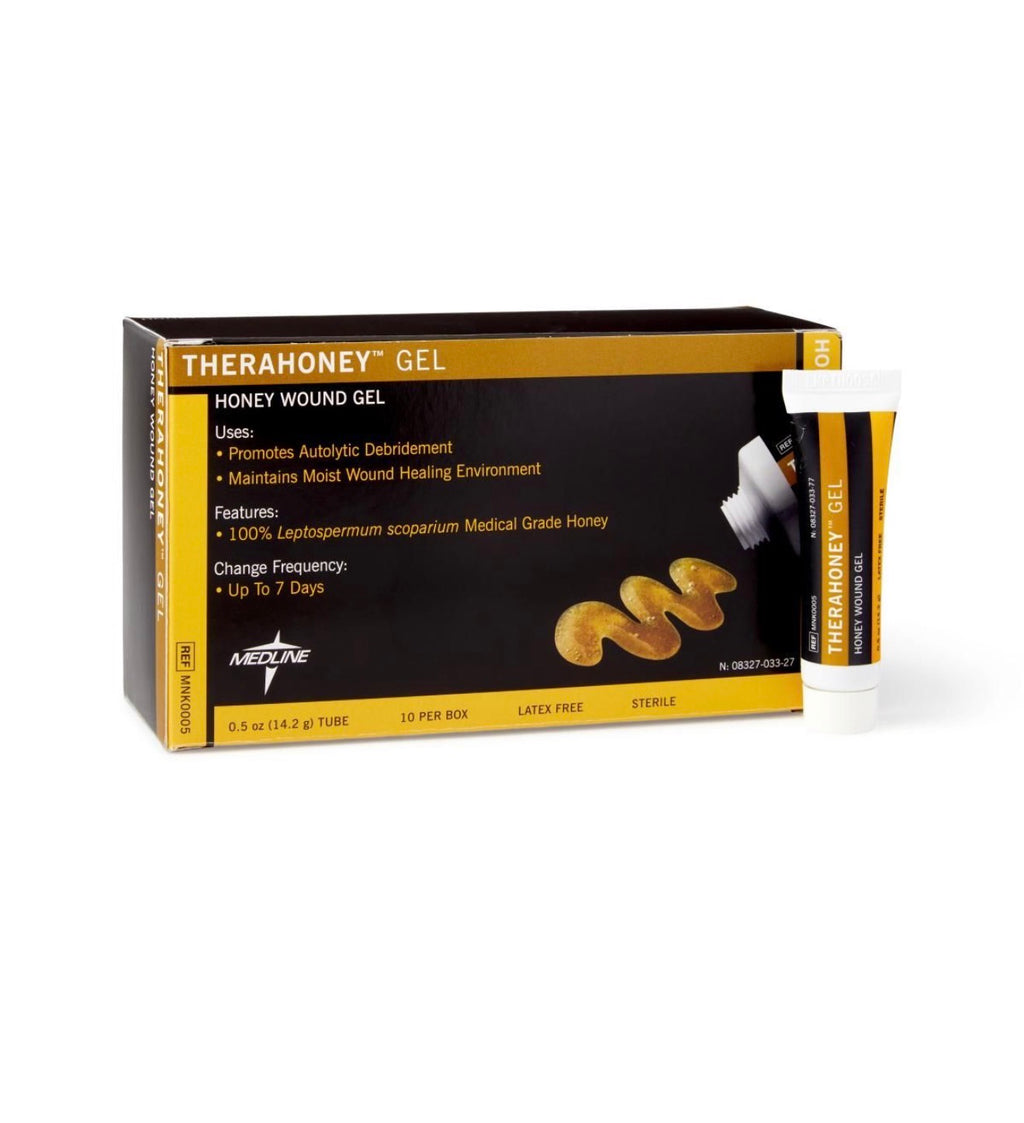 TheraHoney Honey Wound Gel tube from Beauty and Wound showing the 0.5-ounce container with honey wound healing gel.