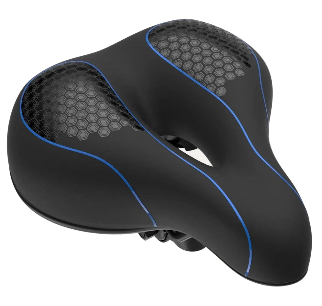 Black and blue Everlasting Comfort saddle bike seat with comfortable memory foam, designed for wide, supportive cycling comfort.