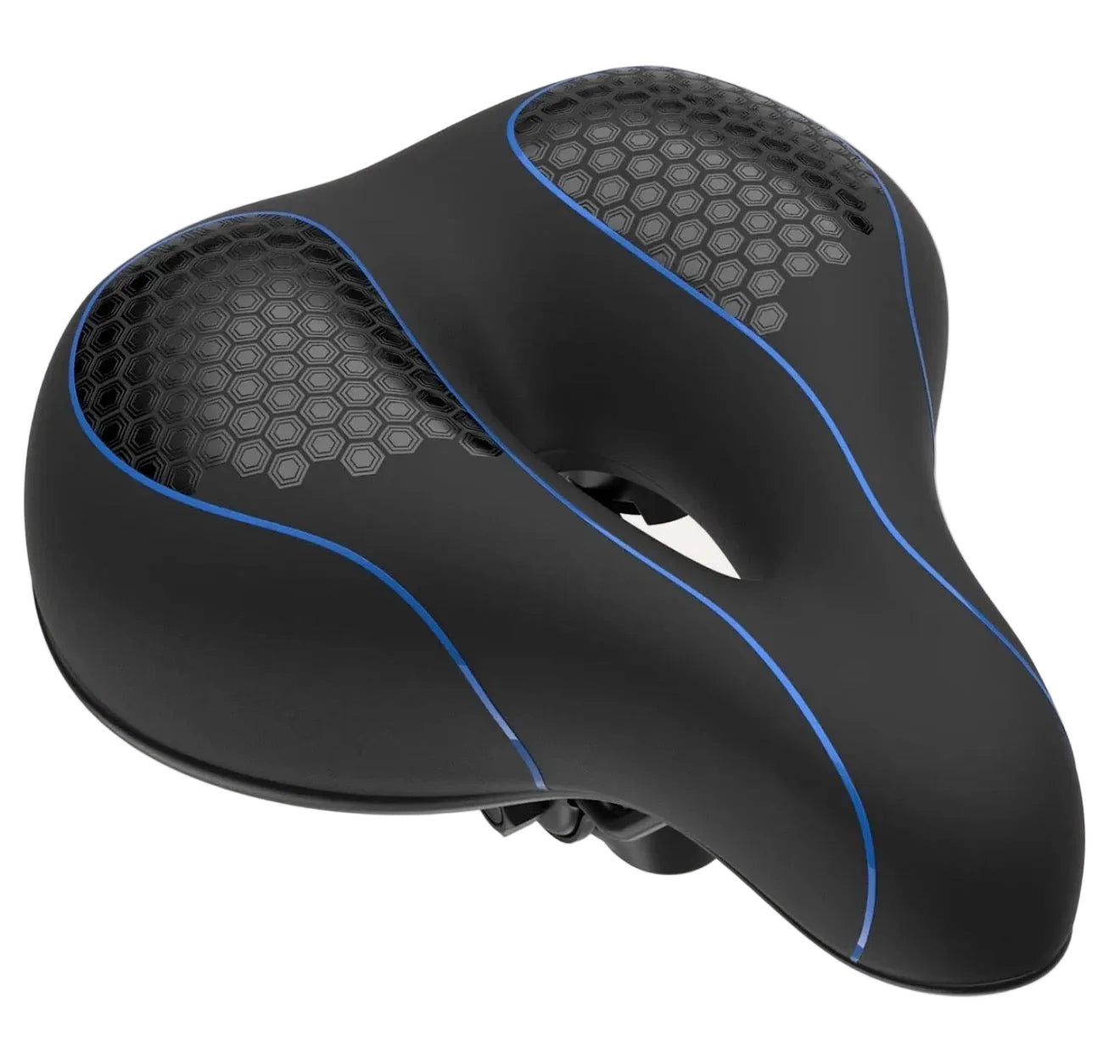 Black and blue Everlasting Comfort saddle bike seat with comfortable memory foam, designed for wide, supportive cycling comfort.