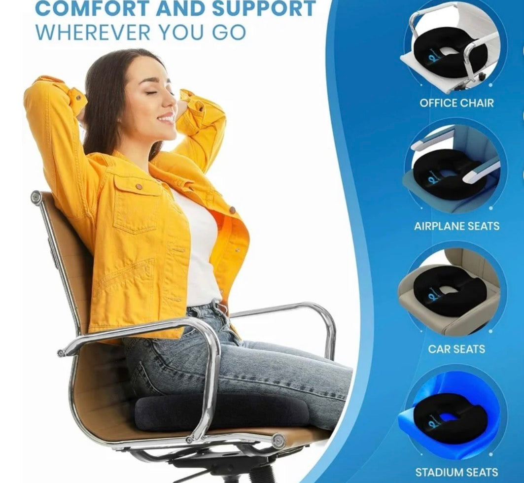 Everlasting Comfort donut seat cushion by Beauty and Wound, providing tailbone and sitting support for office chairs and cars.