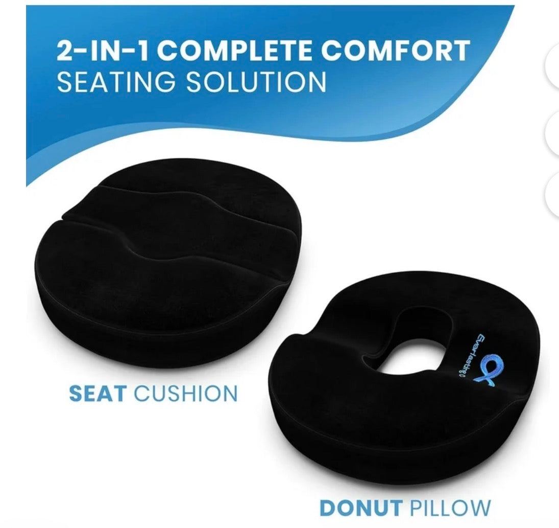 Beauty and Wound Everlasting Comfort donut seat cushion with ergonomic design for tailbone and sitting support on office chairs and cars.