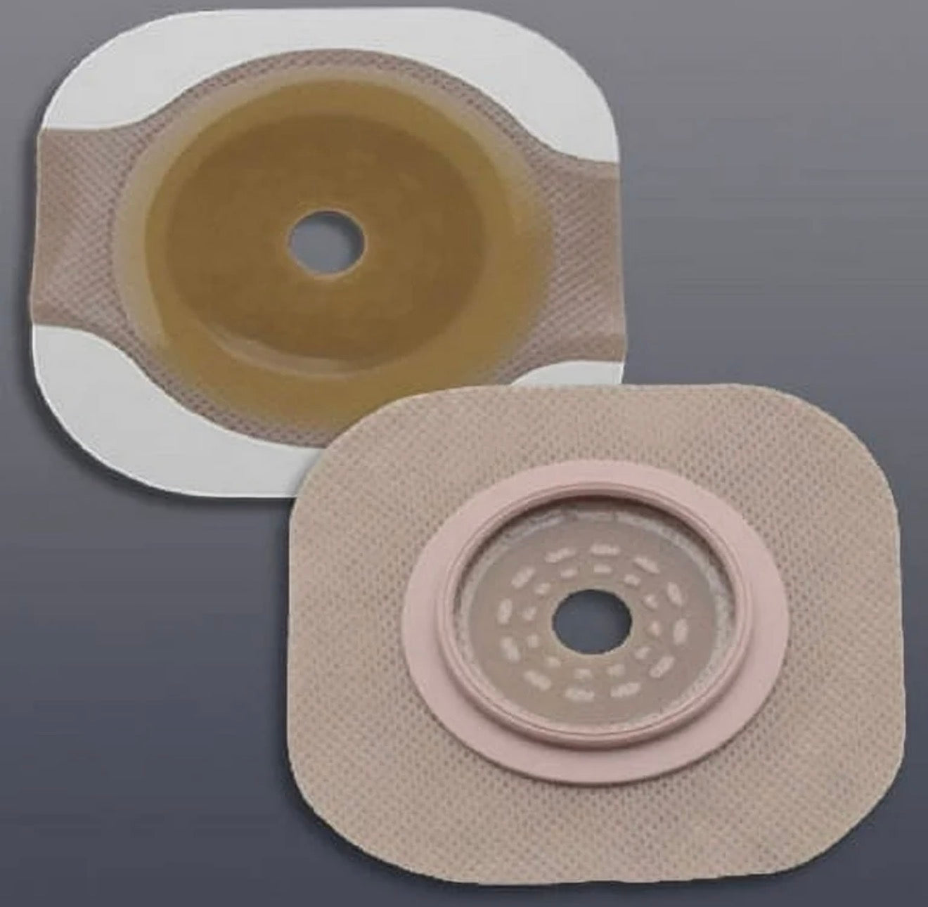 Yellow colostomy barrier with 4-inch flange from Beauty and Wound, designed for up to 3.5-inch stomas, shown with flange details.