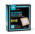 Optifoam Gentle EX silicone-faced bordered foam dressing, 4x4 inches, 10-count package, with soft silicone surface for wound care.
