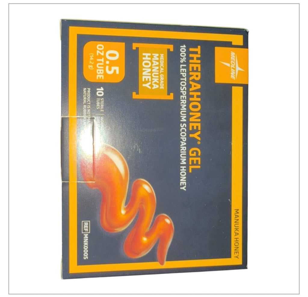 TheraHoney Honey Wound Gel in a 0.5-oz. tube by Beauty and Wound, shown with the tube and packaging.