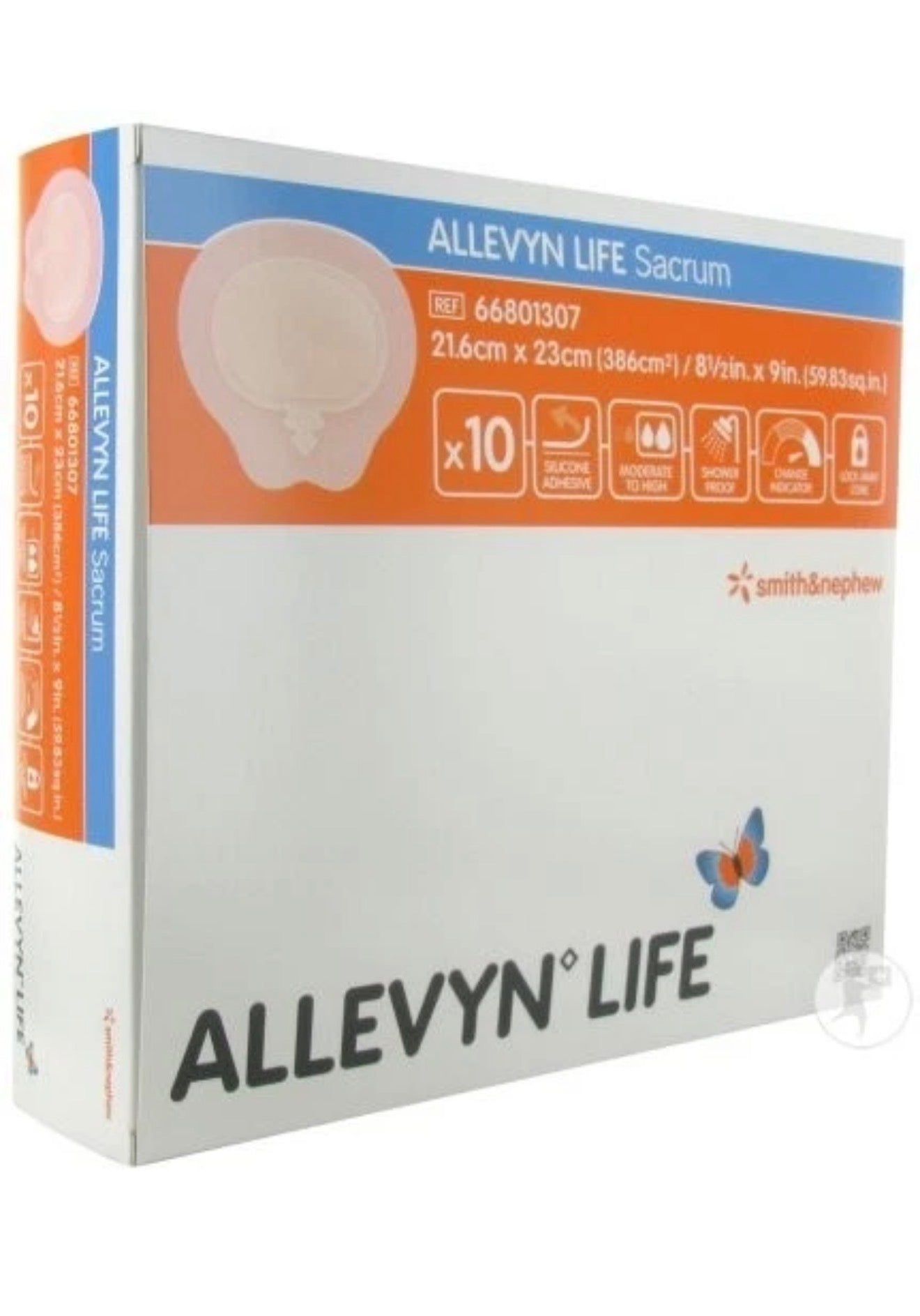 Smith & Nephew Allevyn Life Sacrum wound dressing, 8.5x9 inches, waterproof and breathable for wound care.