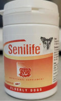 Senilife by Ceva nutritional supplement for elderly dogs, 30 capsules, featuring a bottle with capsules and label.