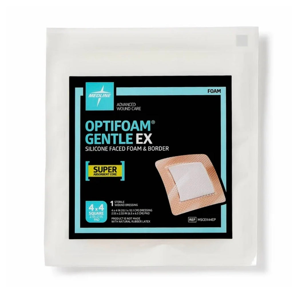 Optifoam Gentle EX silicone-faced bordered foam dressing, 4x4 inches, 10-count, sterile wound care product by Beauty and Wound