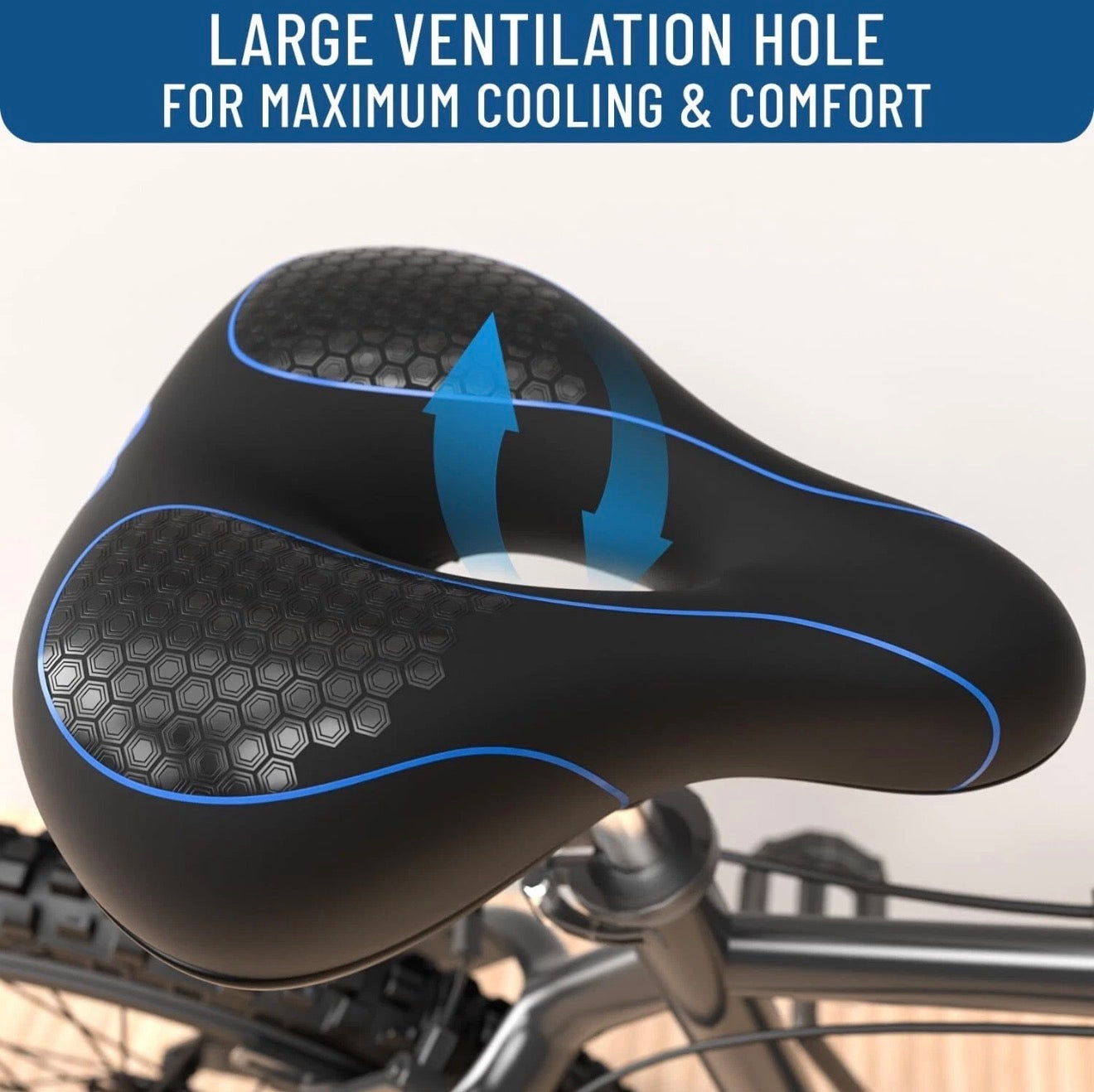 Black and blue Everlasting Comfort wide bike saddle with memory foam, designed for comfort and support during cycling.