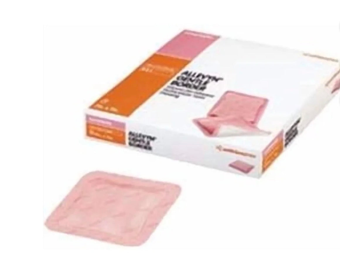 Box of 10 Smith and Nephew Allevyn Gentle Border 7x7-inch wound dressings by Beauty and Wound, showing sterile packaging.