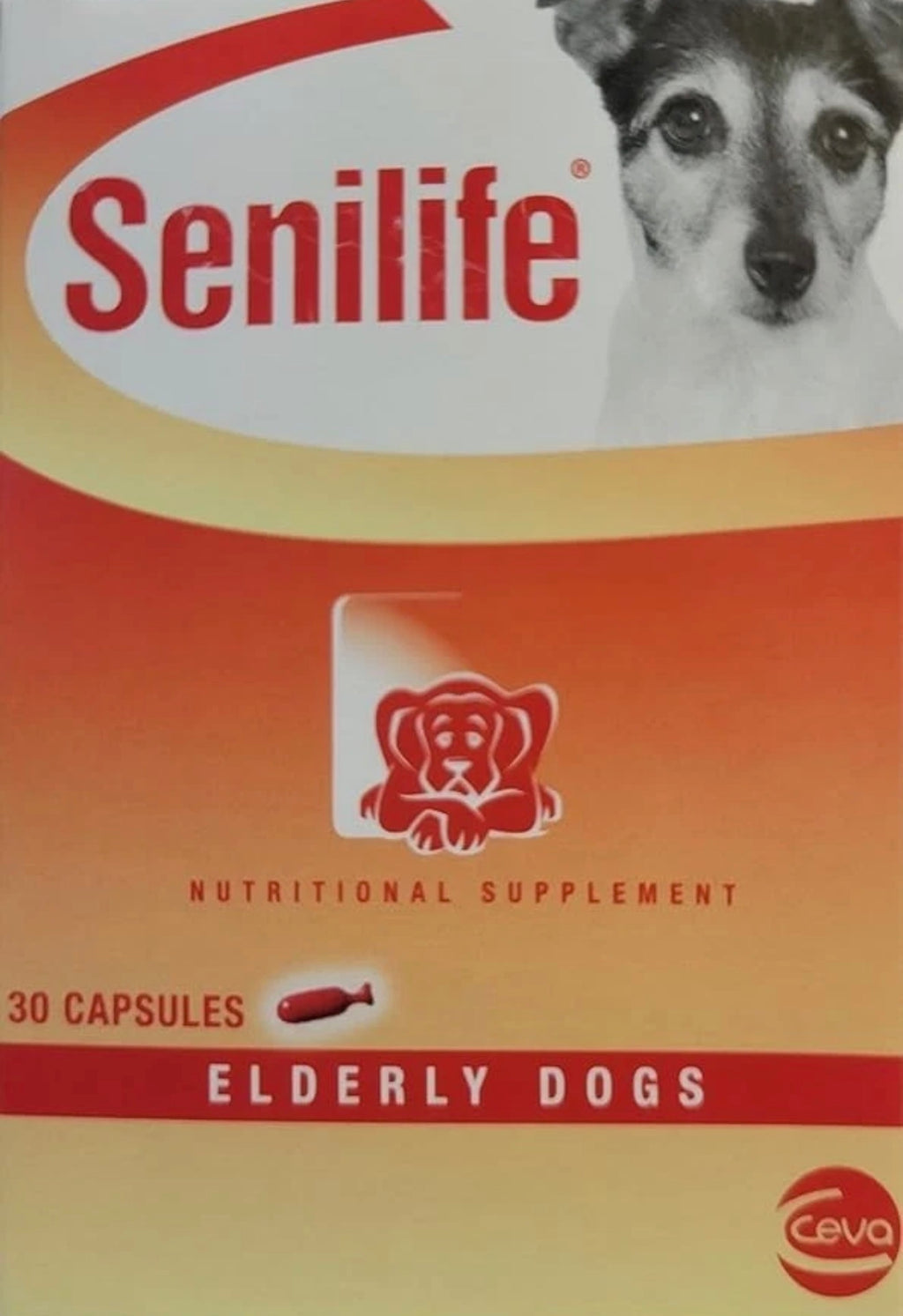 Senilife by Ceva nutritional supplement for elderly dogs, 30 capsules, featuring a bottle of capsules with label details visible.