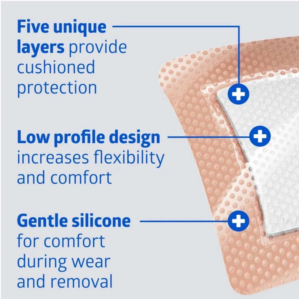 Optifoam Gentle EX silicone-faced bordered foam dressing, 4x4 inches, pack of 10, by Beauty and Wound, showing the sterile dressing in packaging.