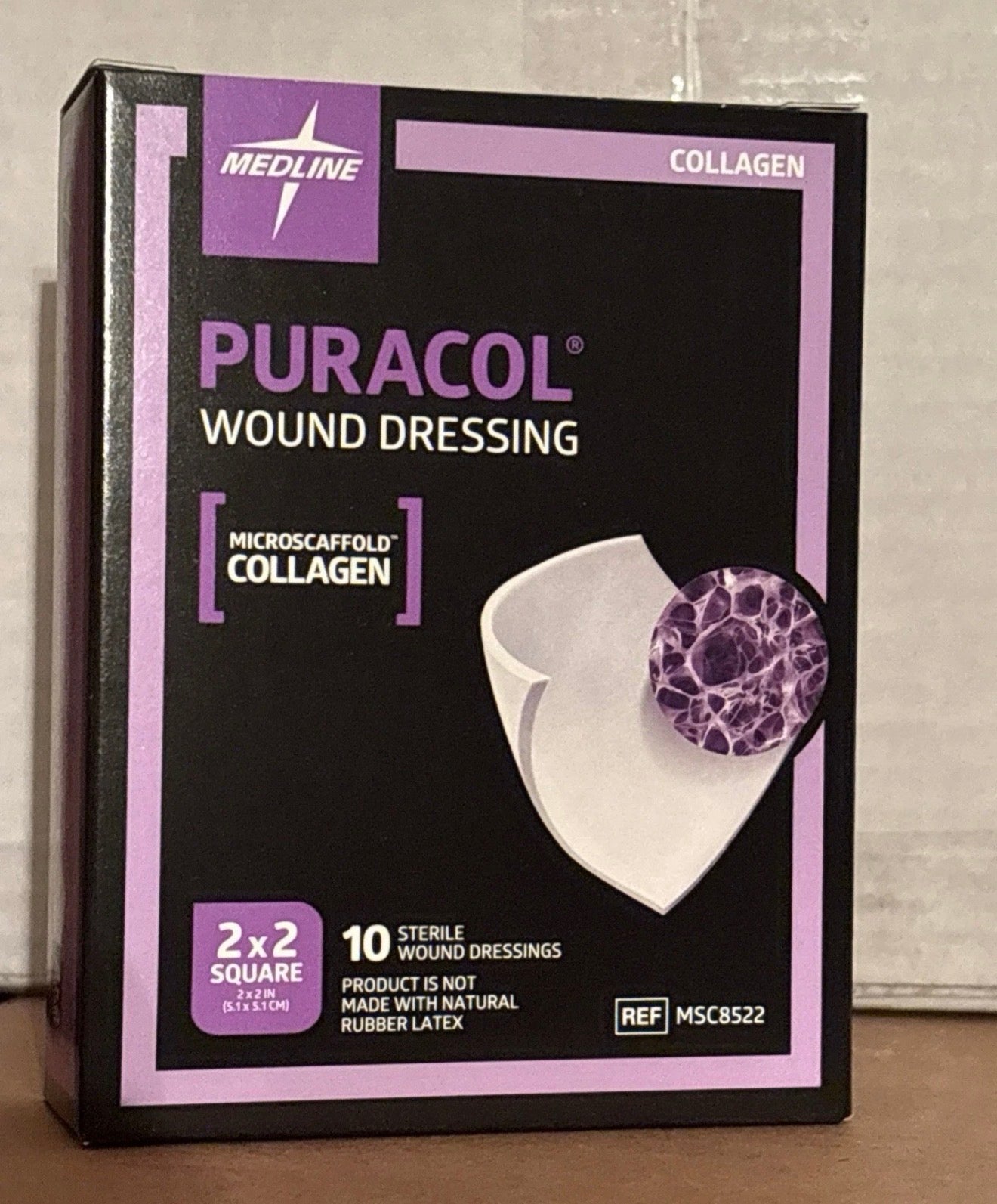 Puracol collagen wound dressing 2x2 inch, 10-pack box, from Beauty and Wound, showing sterile dressings ready for medical use.
