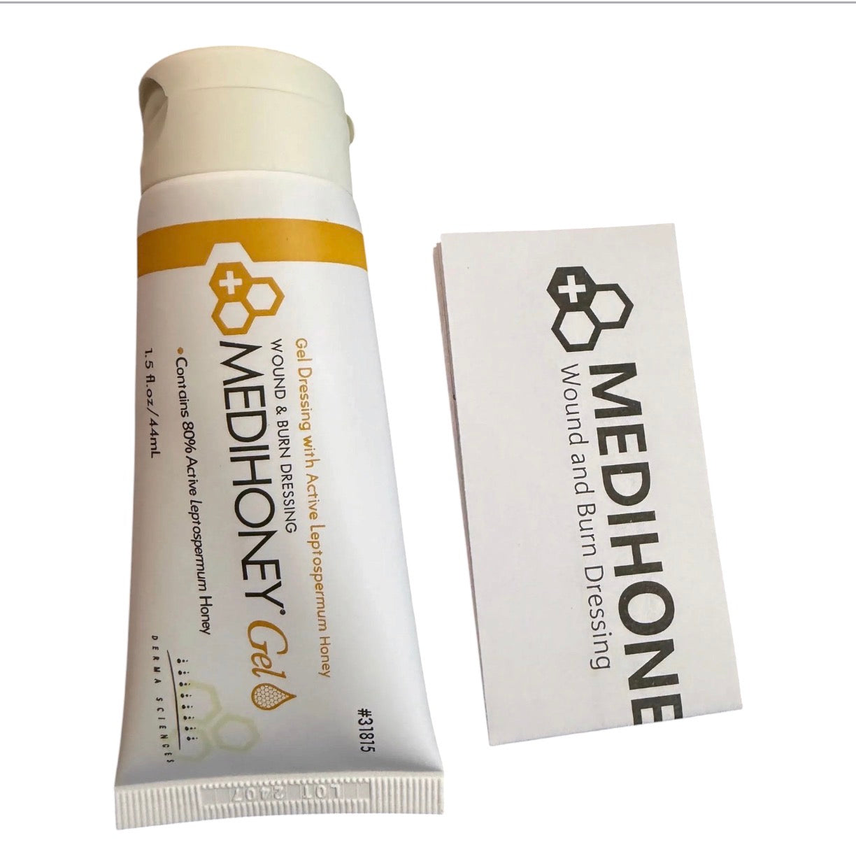 Integra Medihoney gel wound and burn dressing tube, 1.5 oz, with honey-based healing properties and easy-to-use packaging.