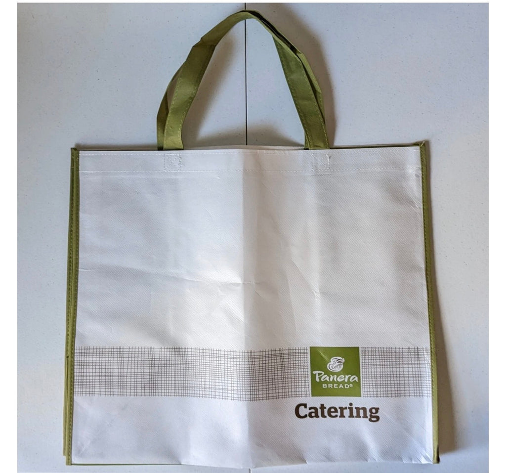 Beauty and Wound large reusable grocery tote with Panera Bread Catering branding, 21x12x18 inches, durable shopping bag