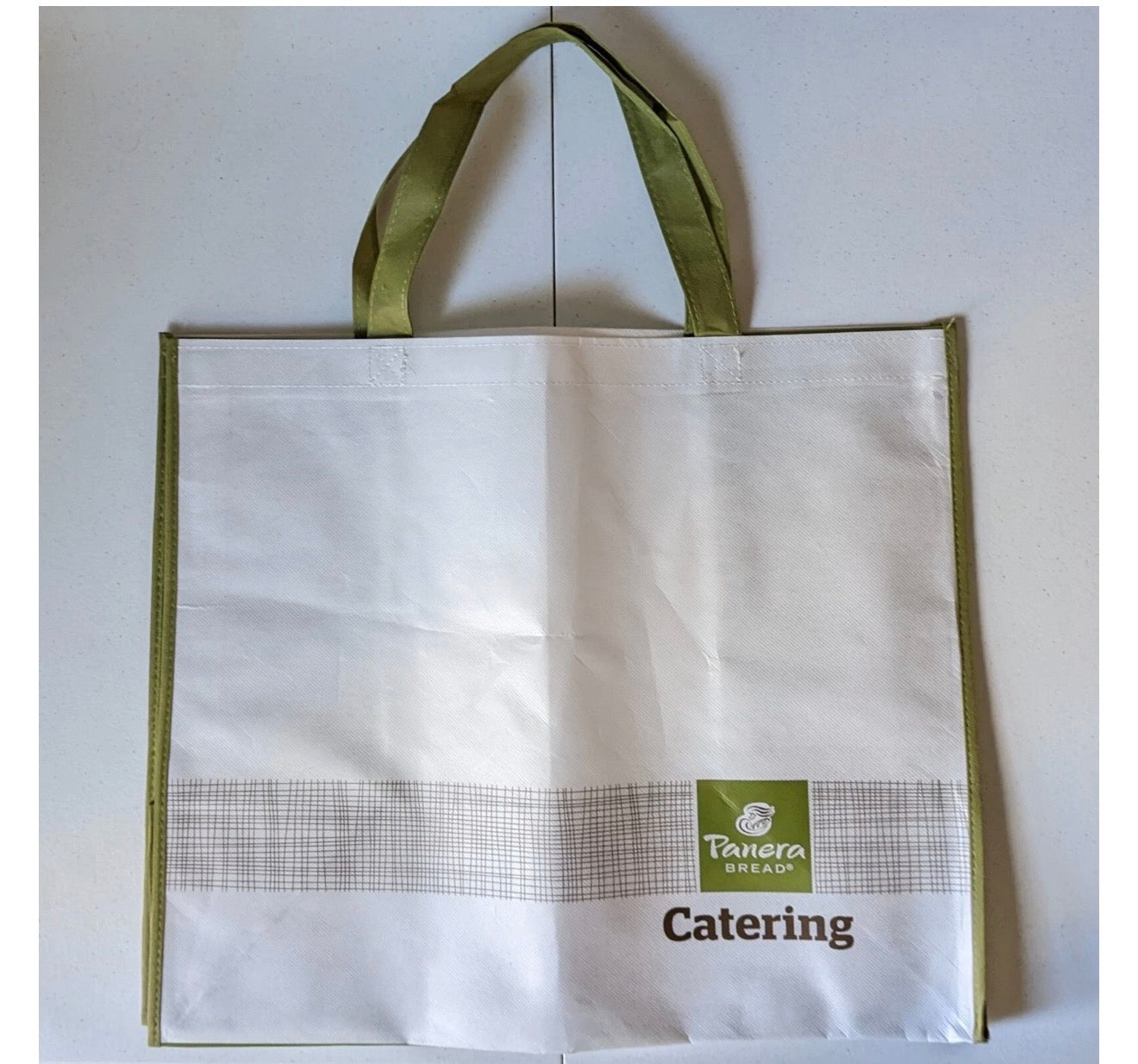 Beauty and Wound large reusable grocery tote with Panera Bread Catering branding, 21x12x18 inches, durable shopping bag