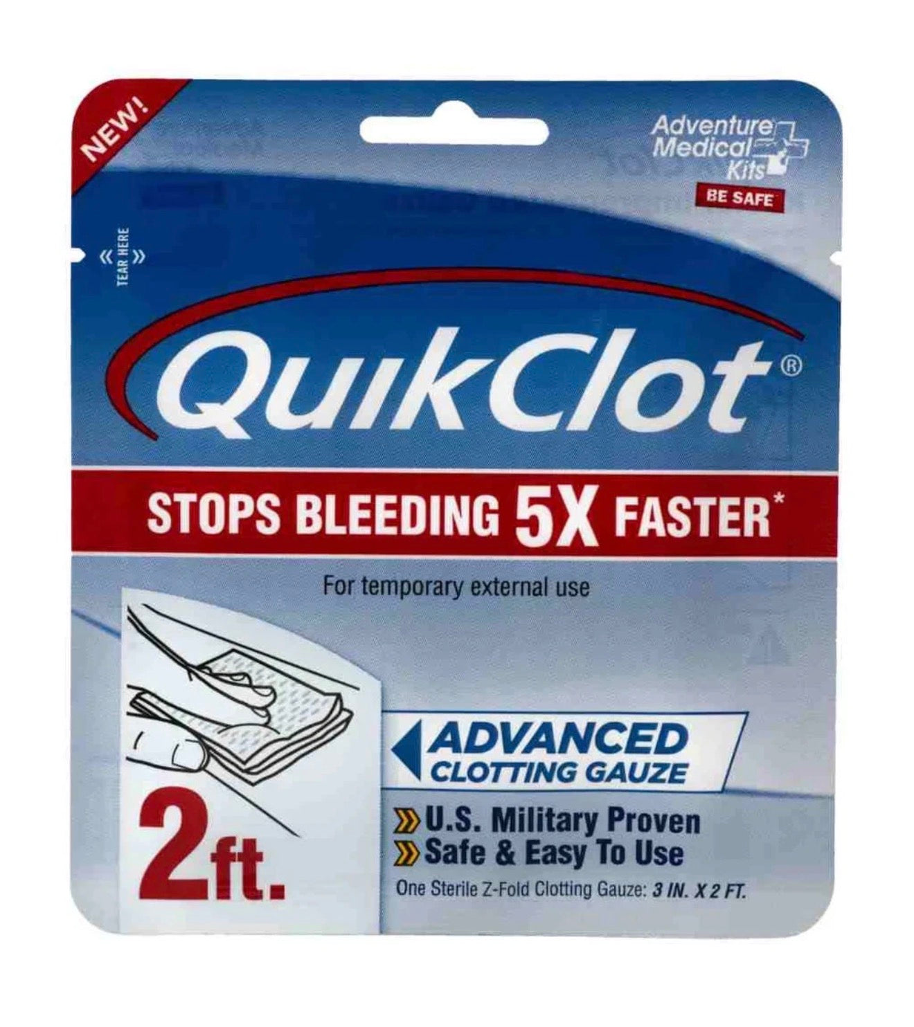 Beauty and Wound QuikClot Gauze 3" x 2' for emergency first aid, hemostatic gauze for wound bleeding control.