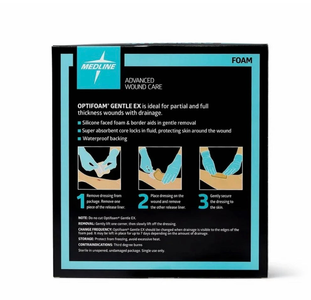 Optifoam Gentle EX silicone-faced bordered foam dressing, 6x6 inches, from Beauty and Wound, shown in a box with ten dressings.