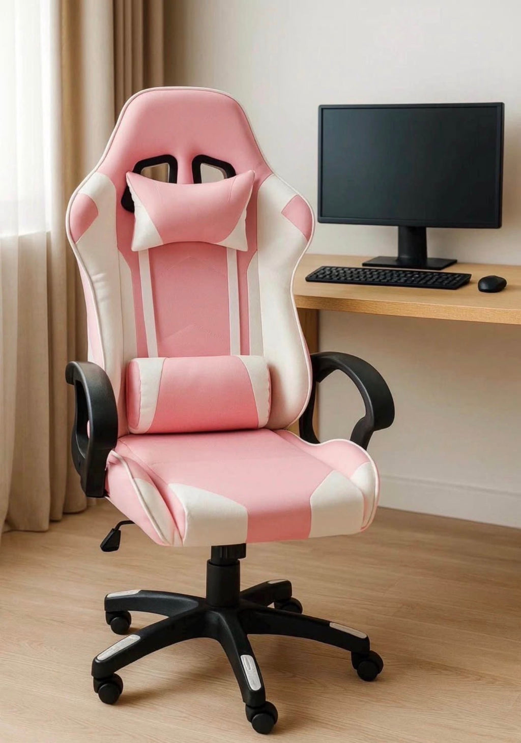 Pink and white Beauty and Wound gaming chair with adjustable armrests and cushioned seat for comfortable gaming sessions.