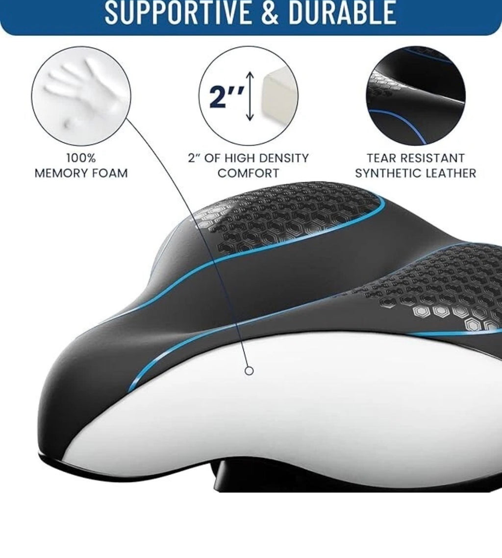 Black and blue Everlasting Comfort saddle bike seat with wide design and memory foam padding for comfort, branded by Beauty and Wound.