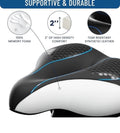 Black and blue Everlasting Comfort saddle bike seat with wide design and memory foam padding for comfort, branded by Beauty and Wound.