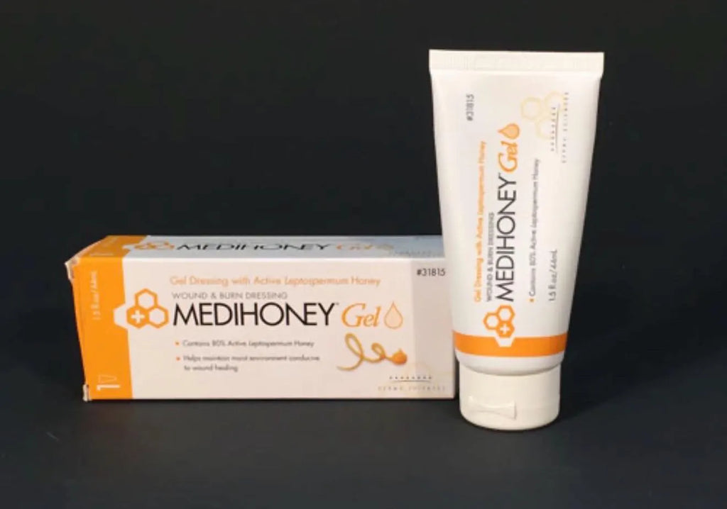 Medihoney gel wound and burn dressing in a 1.5 oz tube, featuring honey-based healing properties for skin injuries.