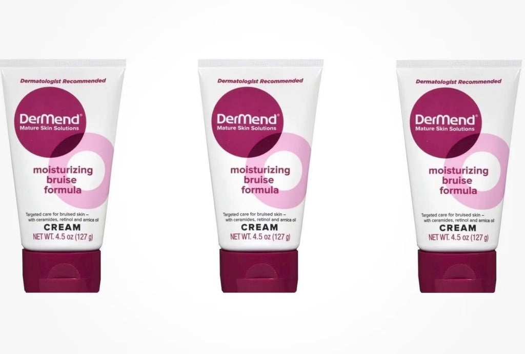 My Store 4 DerMend Moisturizing Bruise Formula Cream 4.5 oz, three-pack, with creamy texture and labeled for bruise treatment.