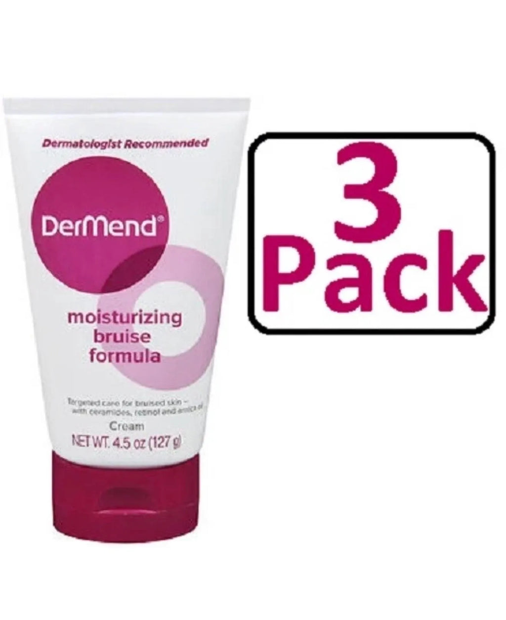 Three tubes of DerMend Moisturizing Bruise Formula Cream by My Store 4, 4.5 oz each, with the cream inside a tube and packaging.