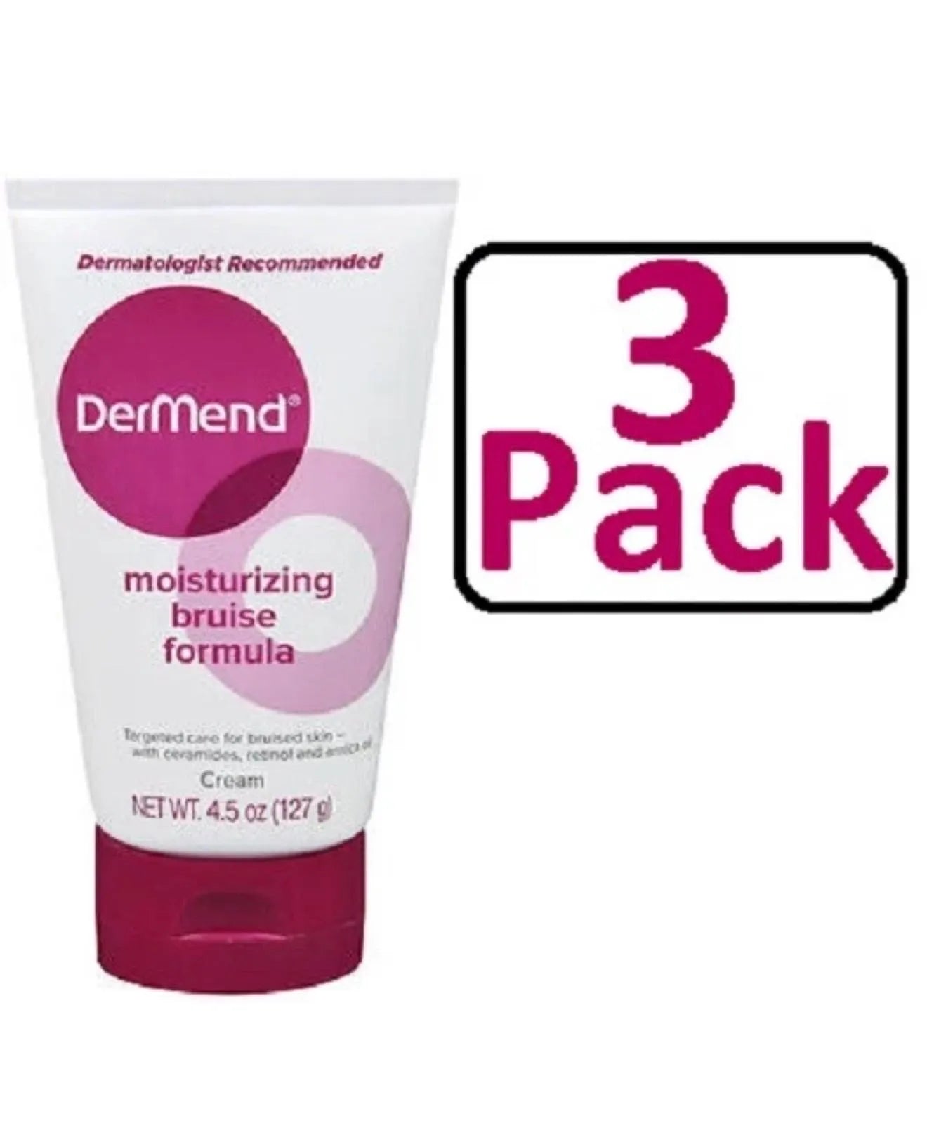 Three tubes of DerMend Moisturizing Bruise Formula Cream by My Store 4, 4.5 oz each, with the cream inside a tube and packaging.